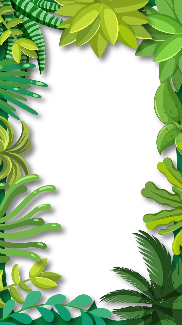 Vibrant green tropical leaves form a vertical border, gently swaying in a seamless loop. Flat vector style, bright lighting, and smooth animation transitions