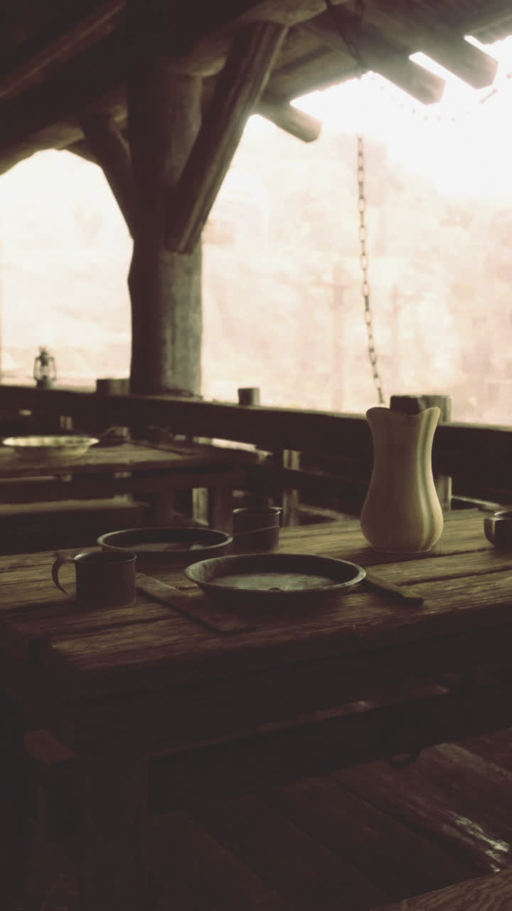 Rustic dining area with wooden tables in an ancient structure during daytime