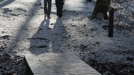 legs of couple walking together on forest path in winter