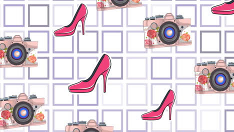 animation of high heels and camera repeated on white background