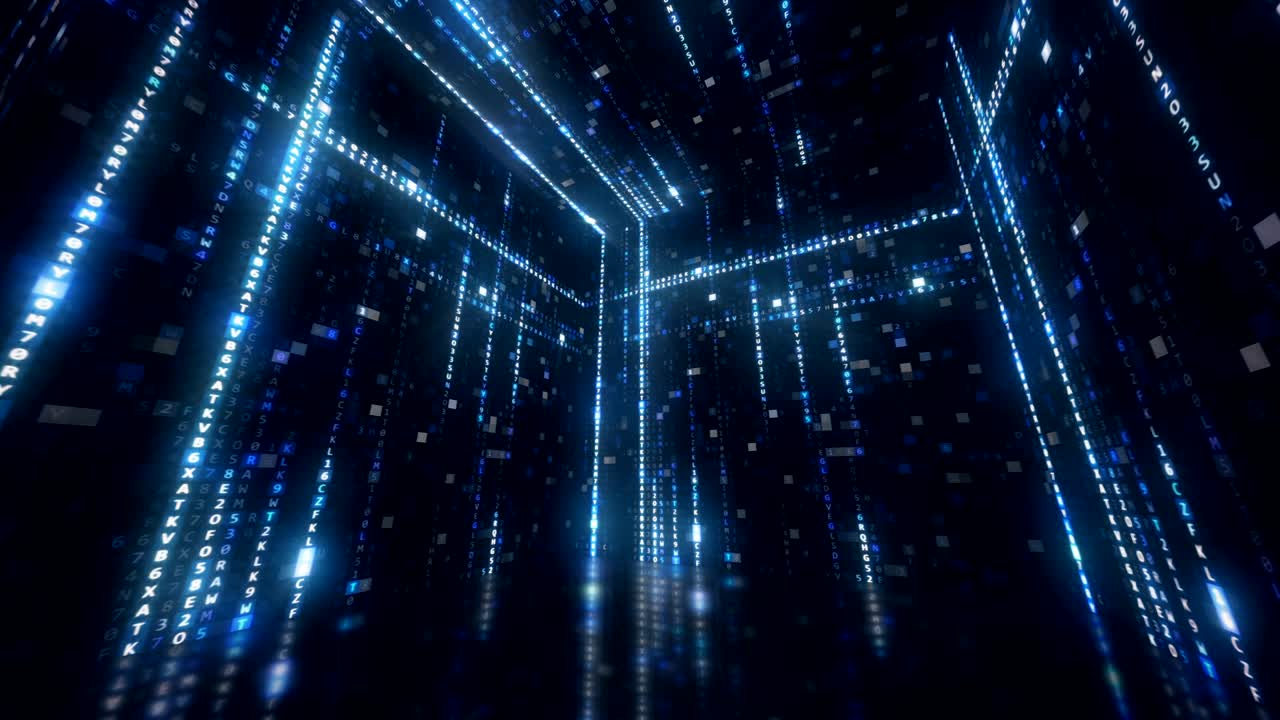 cubo giratorio con código de máquina hexadecimal fondo tecnológico abstracto con bucle sin costuras en color azul