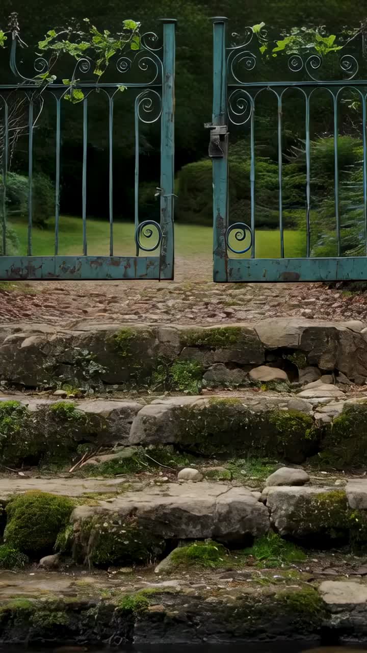 Vertical video: Panning camera downward showing iron gate and mossy steps at garden, stream moving