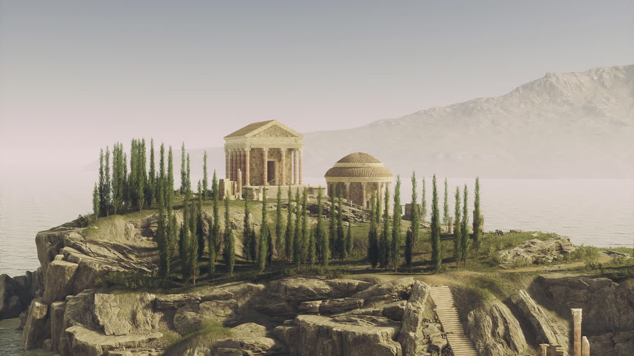 Ancient temple complex on a serene island surrounded by water