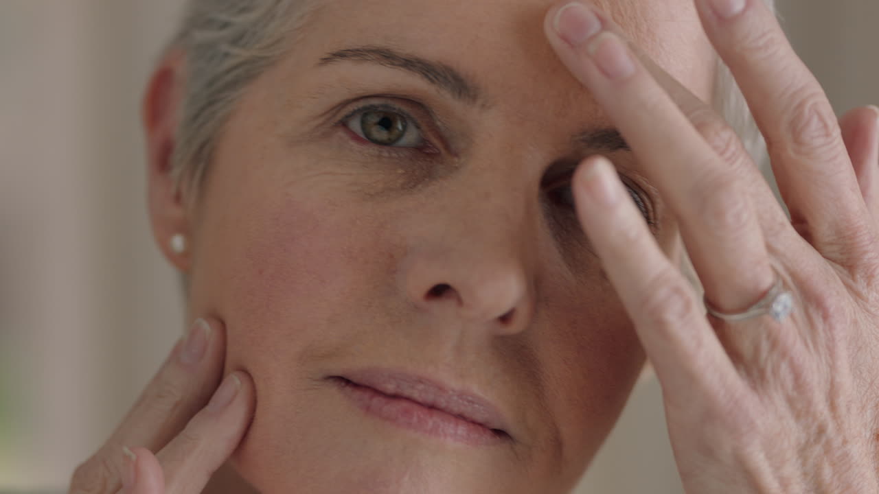retrato de una hermosa mujer madura que se mira en el espejo con una piel perfecta y saludable tocando la cara con las manos disfrutando de una tez natural suave con cuidado de la piel antienvejecimiento preparándose en casa concepto de belleza