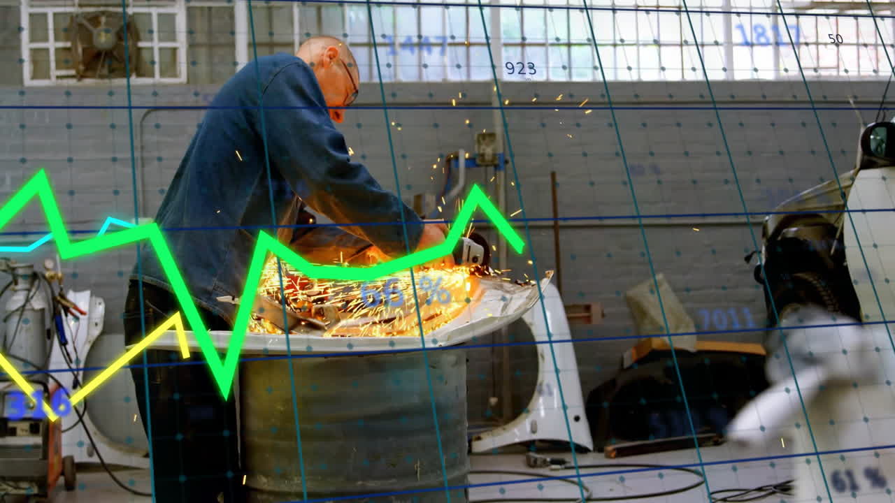 Animation of financial data processing over caucasian male mechnic working in workshop