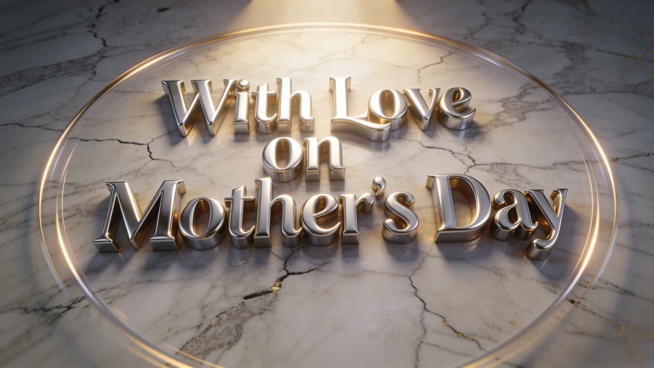 Intensifying overhead spotlight bathing metallic 3D title on marble slab, emphasizing Mother's Day