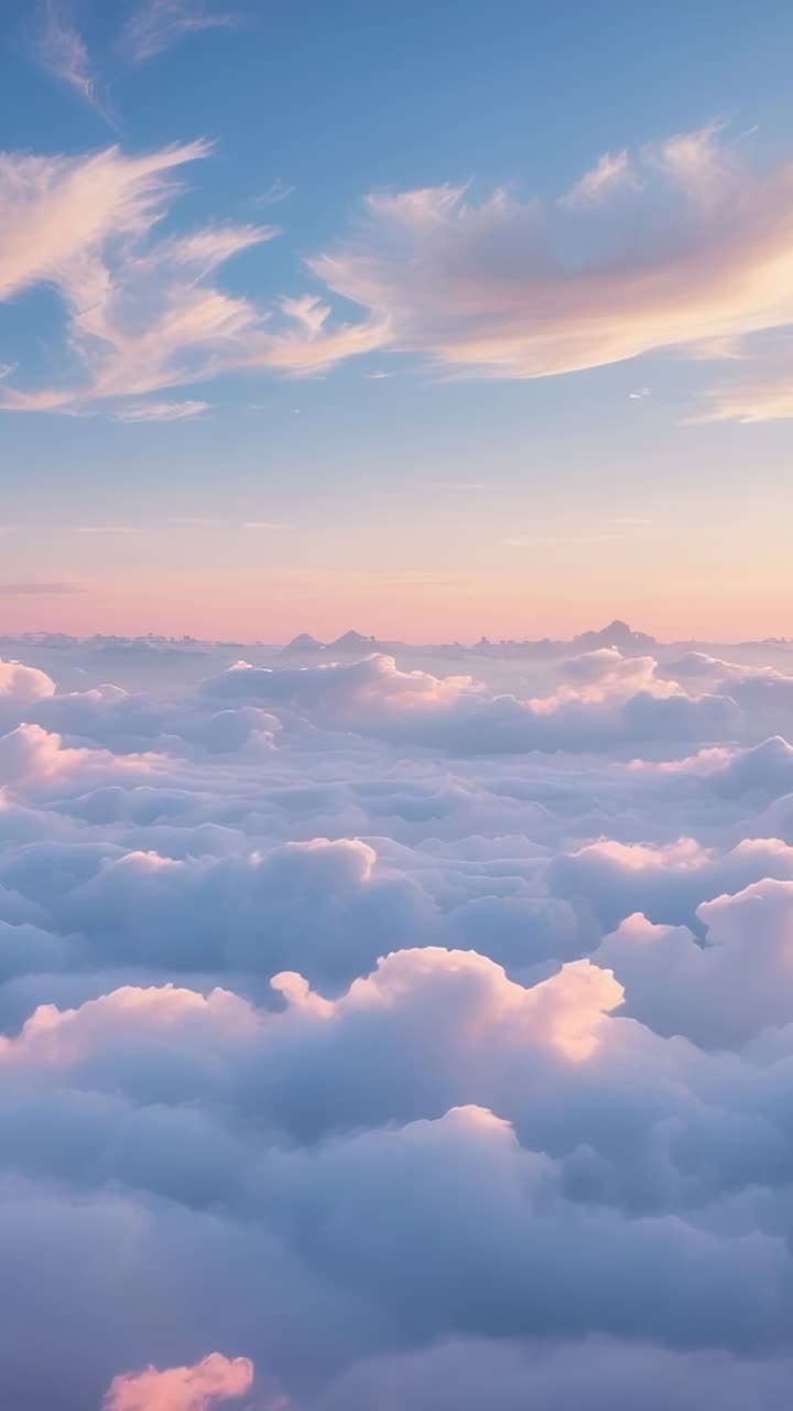 Vertical video: Maintaining drone flight above dense cloud layer, capturing pastel dawn light