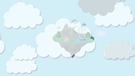 animación de nubes grises y blancas sobre el globo con turbinas eólicas sobre fondo azul