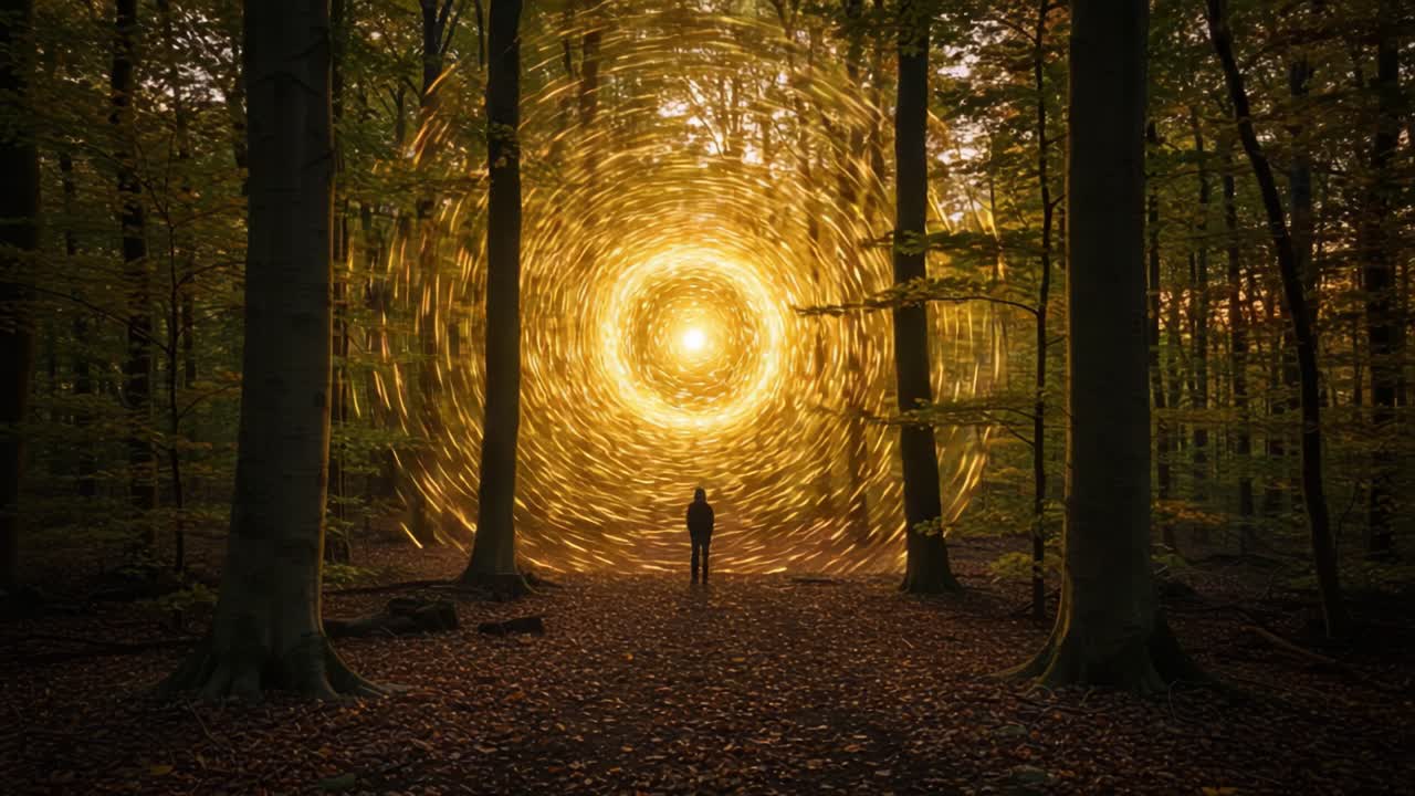 A Mystical Portal Emerges in a Forest, Surrounding a Silhouetted Figure with a Swirling Halo of Light and Nature's Vibrant Colors at Dusk