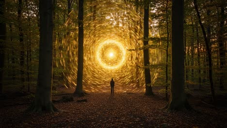 a mystical portal emerges in a forest, surrounding a silhouetted figure with a swirling halo of light and nature's vibrant colors at dusk