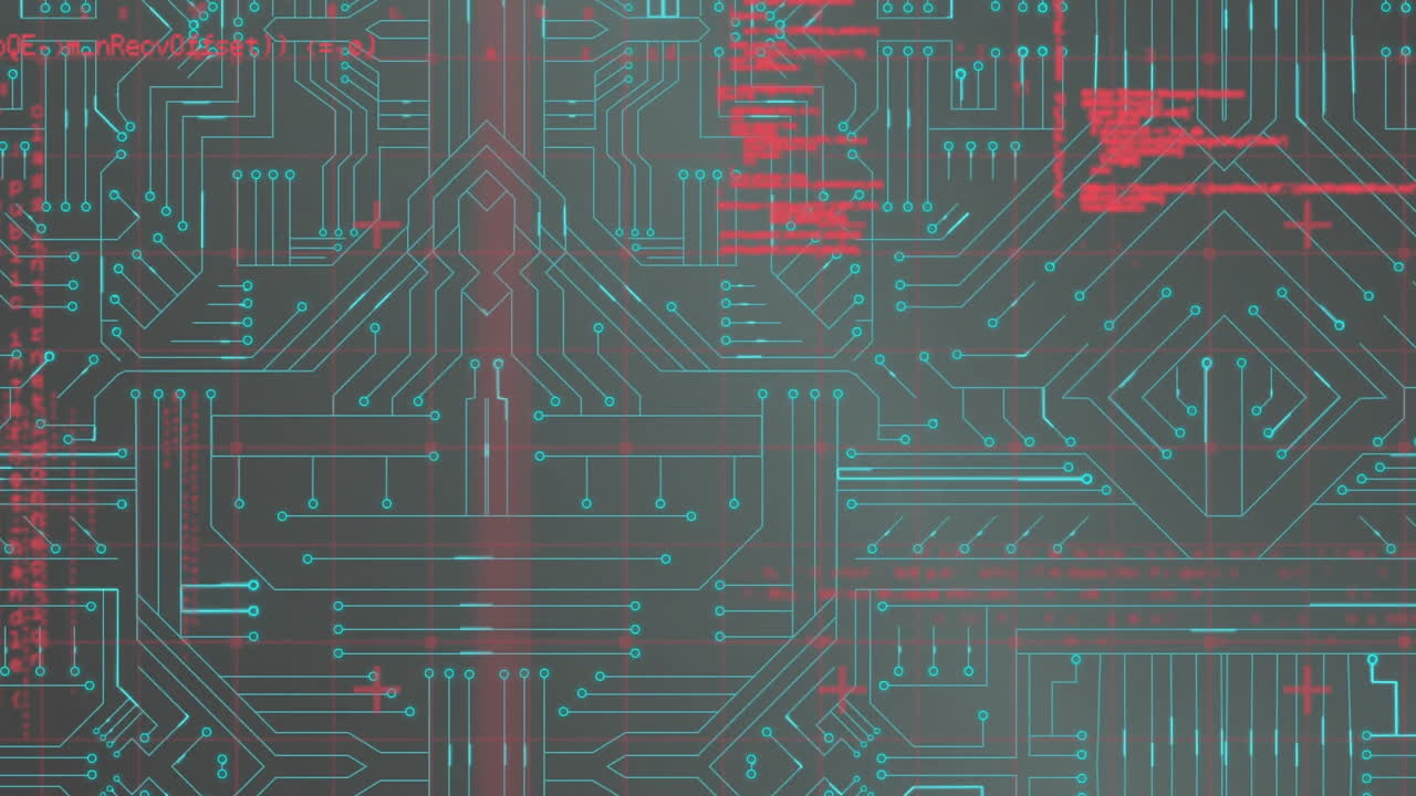 Animation of computer circuit board over data processing on black background
