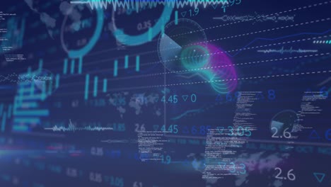 Animación-De-Forma-De-Espiral-De-Neón-Moviéndose-Contra-El-Procesamiento-De-Datos-Del-Mercado-De-Valores-Sobre-Fondo-Azul