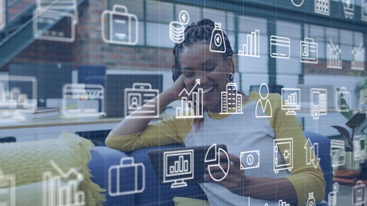 animación de iconos financieros sobre mujeres afroamericanas que usan teléfonos inteligentes