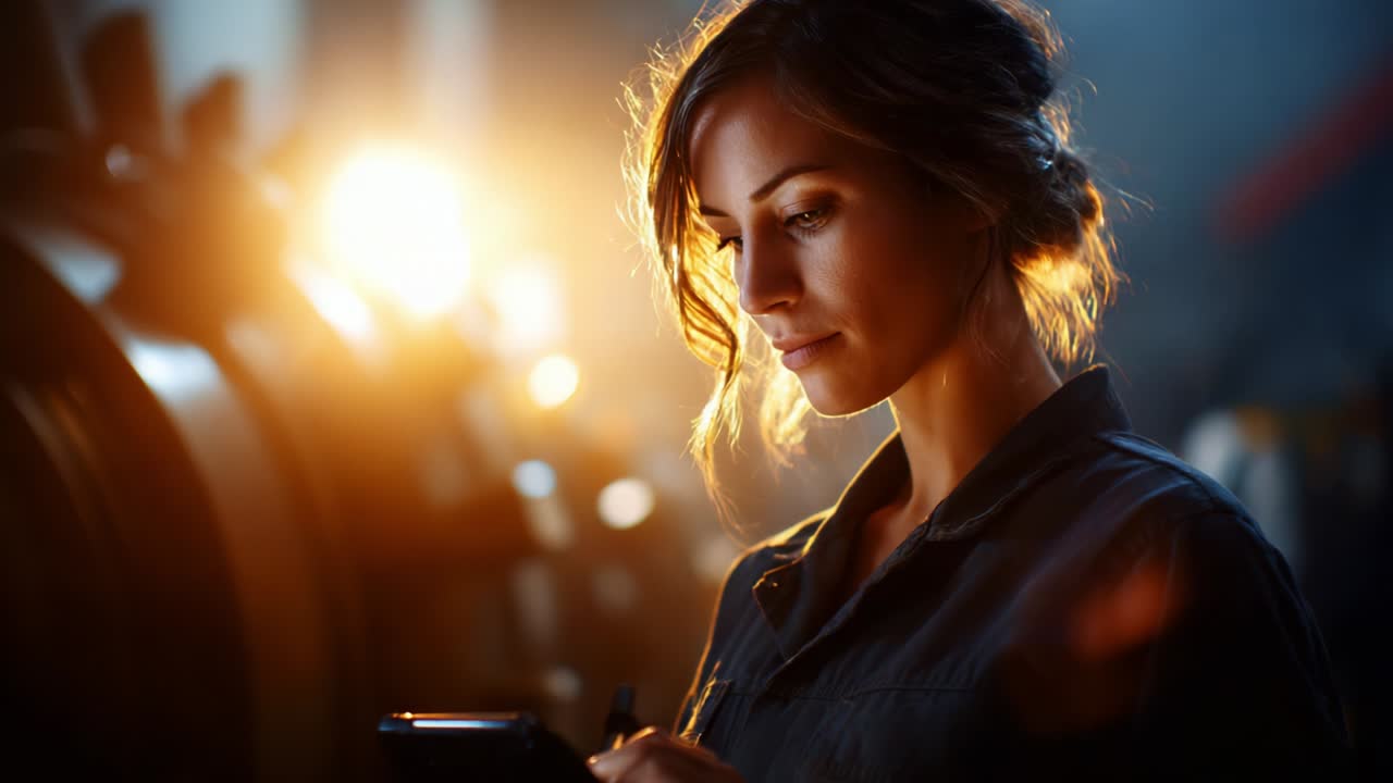 A focused woman engaged in technology, illuminated by warm ambient light, reflects concentration and determination amidst a workshop environment, blending modernity and craftsmanship in an inspiring scene