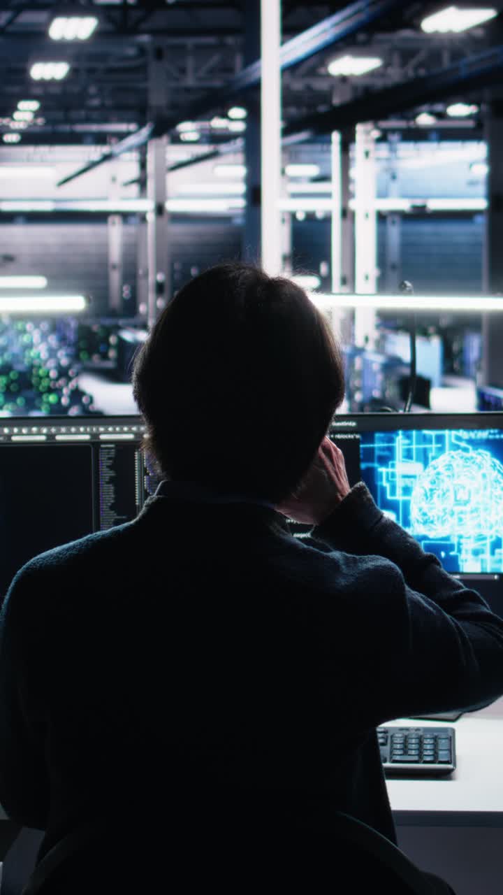Vertical video Engineer in server room using AI to review infrastructure diagnostics on devices