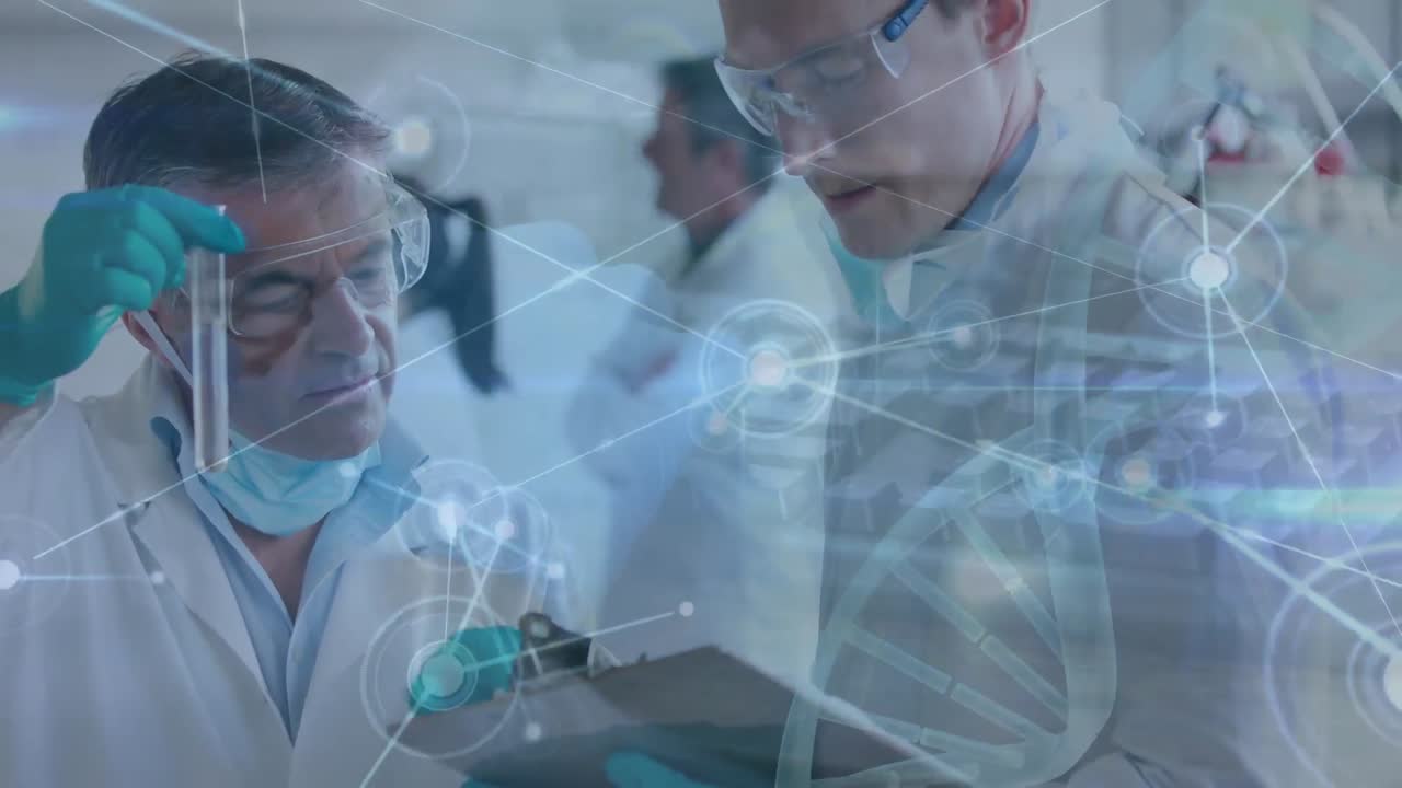 animación de conexiones y procesamiento de datos sobre diversos científicos en el laboratorio