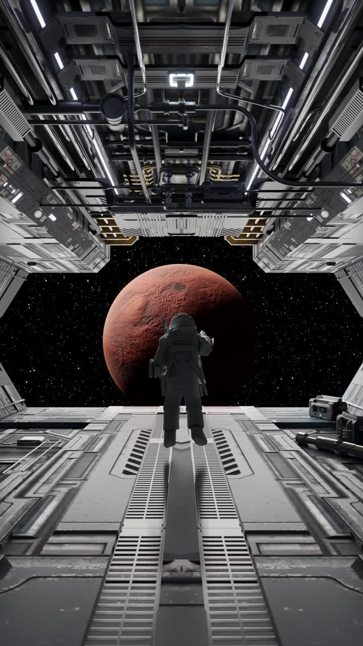 Astronaut observing mars from spaceship bay