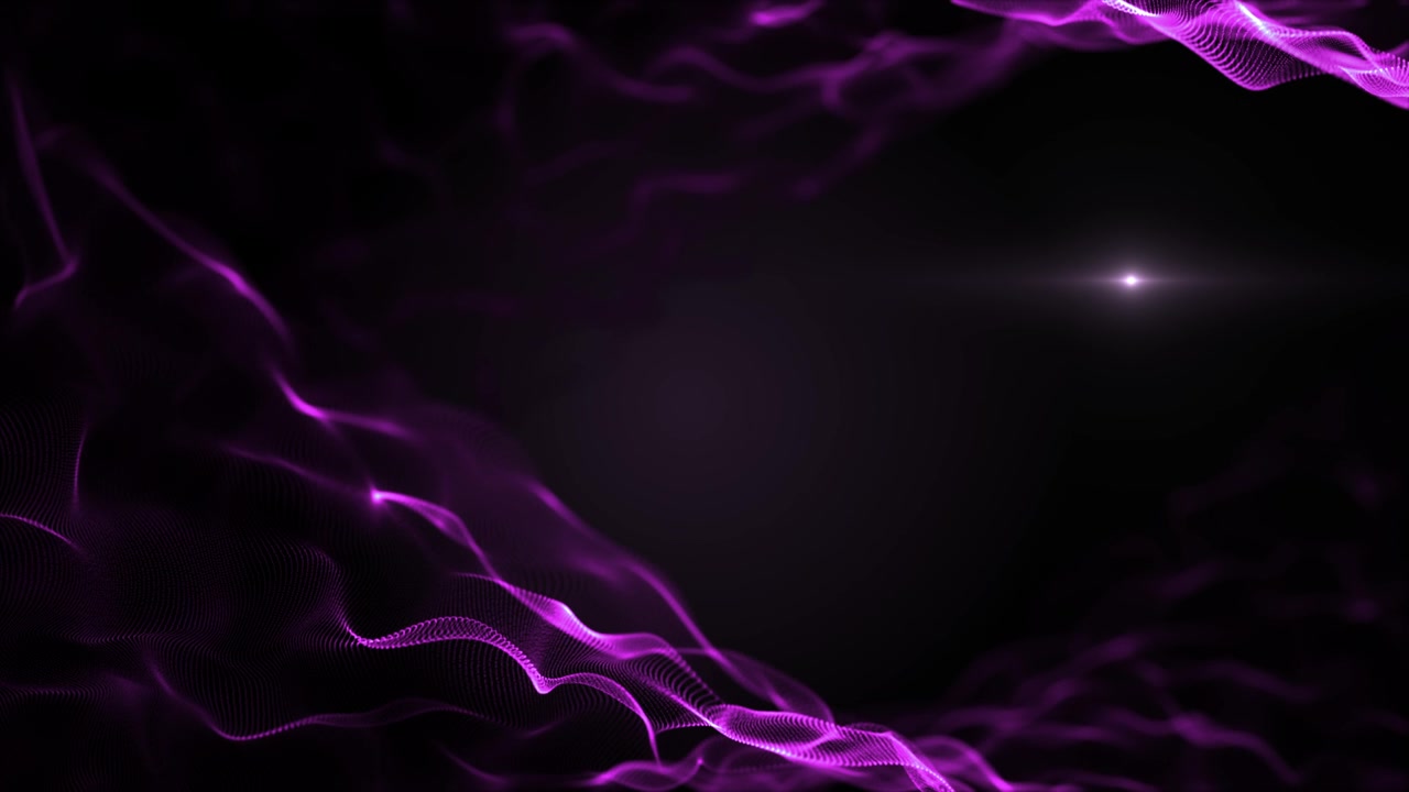 Sfondo fluido astratto, liquido. Imitazione viola, violetta di onde che si muovono su uno sfondo nero. Un leggero bagliore bianco sfocato è all'interno delle onde. 4K