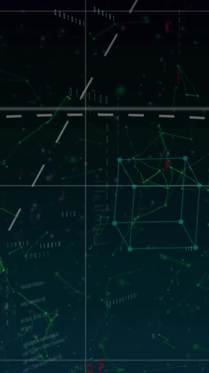 Animation of data processing over grid on dark background