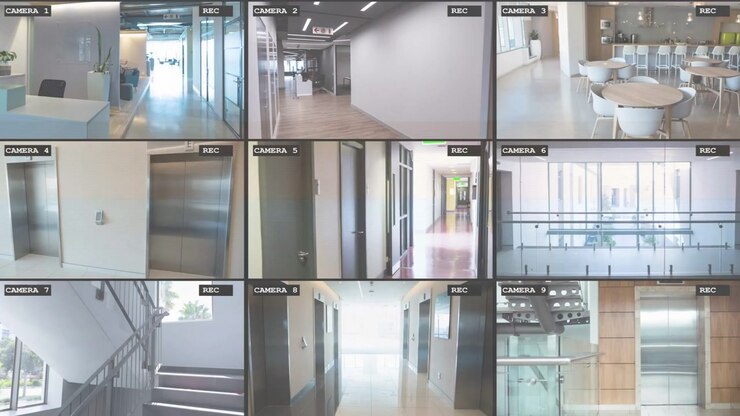 Security monitor showing nine labeled feeds with REC dots flashing, starting security monitoring