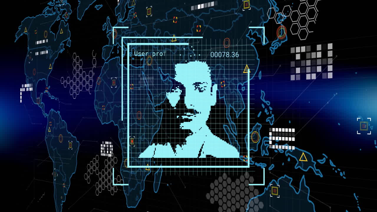 Animaatio biometrisestä kuvasta ja datan käsittelystä maailmankartan päällä tummalla taustalla.