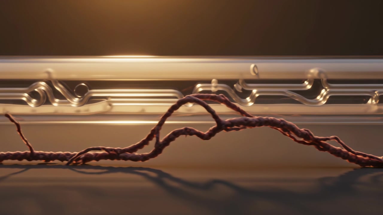 Moving braided tendril sliding rightward across studio table, passing long glass tube metal end cap