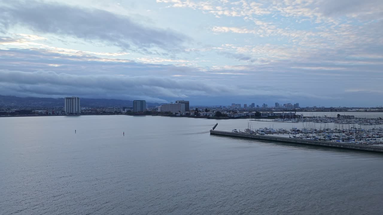 An aerial drone view of the Emeryville Marina in the East Bay Area of Northern California.