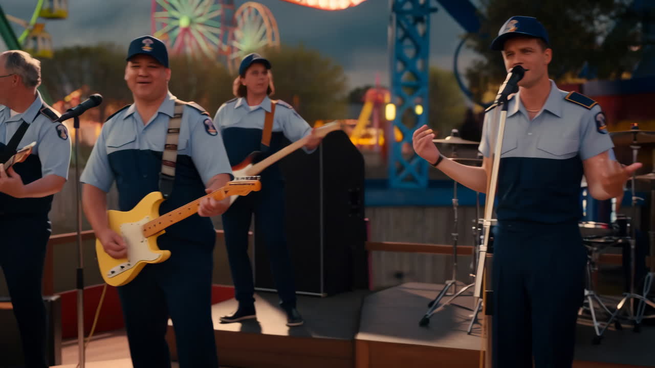 Band performing on stage at an amusement park