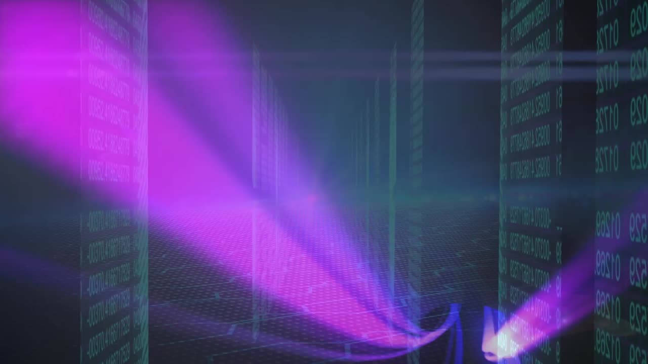 검은색 배경의 데이터 처리에 대한 빛의 흔적의 애니메이션