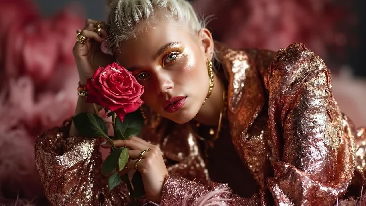 A woman in a gold jacket holding a red rose