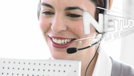 Animation-of-social-network-text-over-caucasian-businesswoman-using-phone-headset