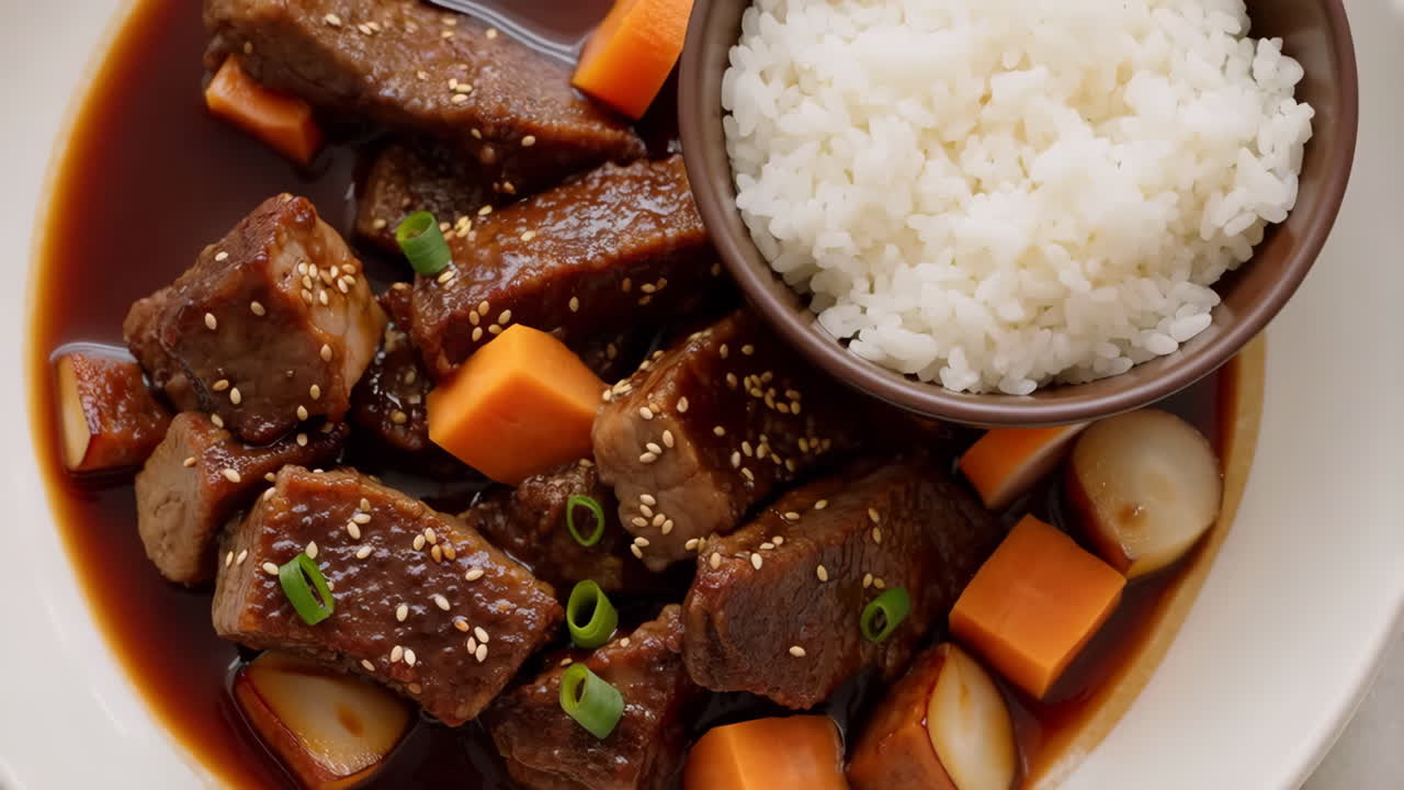 Deliciosas Costelas Bovinas Braseadas com Arroz e Vegetais