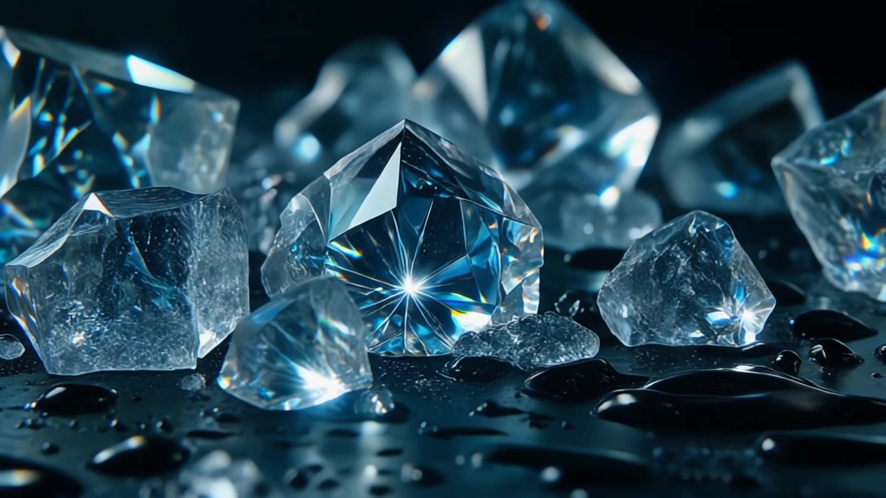 Diamanti Scintillanti e Cristalli di Ghiaccio su una Superficie Scura Bagnata