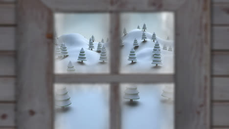 Wooden-window-frame-against-multiple-trees-on-winter-landscape