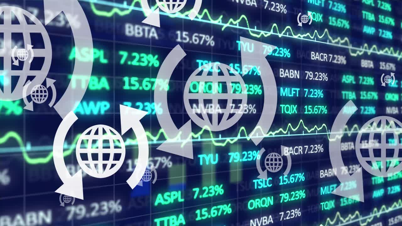 Animation of financial data processing, statistics and globe icons