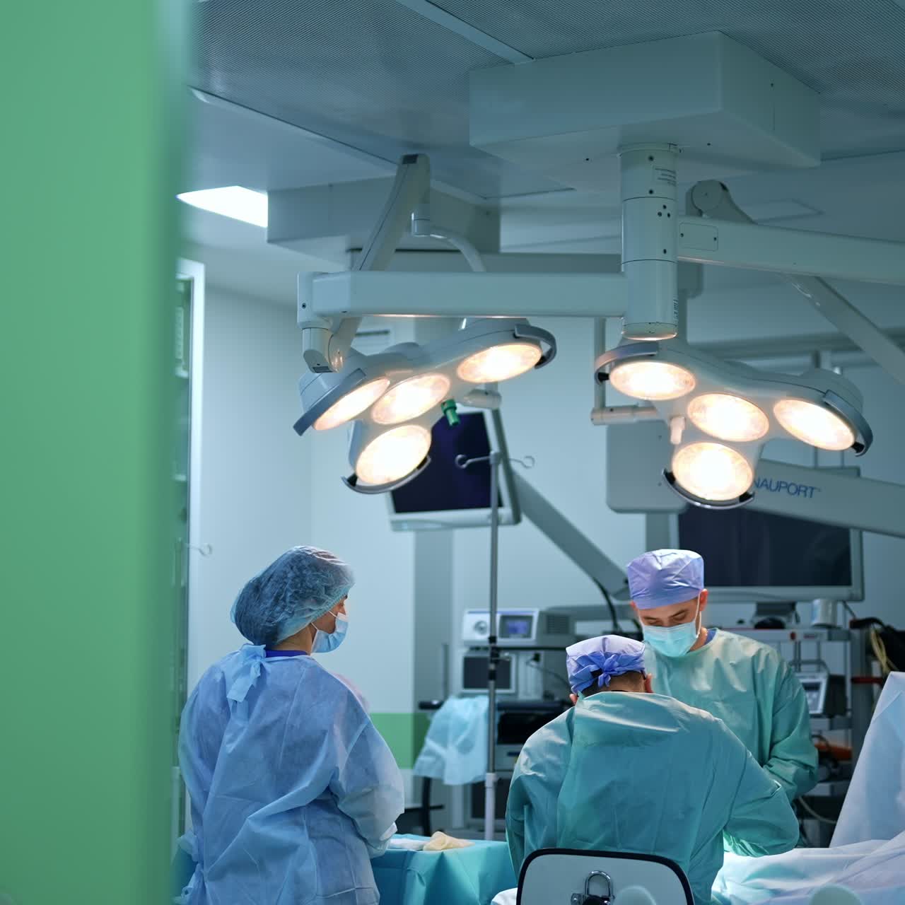 At the doors to a modern surgery room with good illumination. Operational procedure is performed by the experienced team of medics