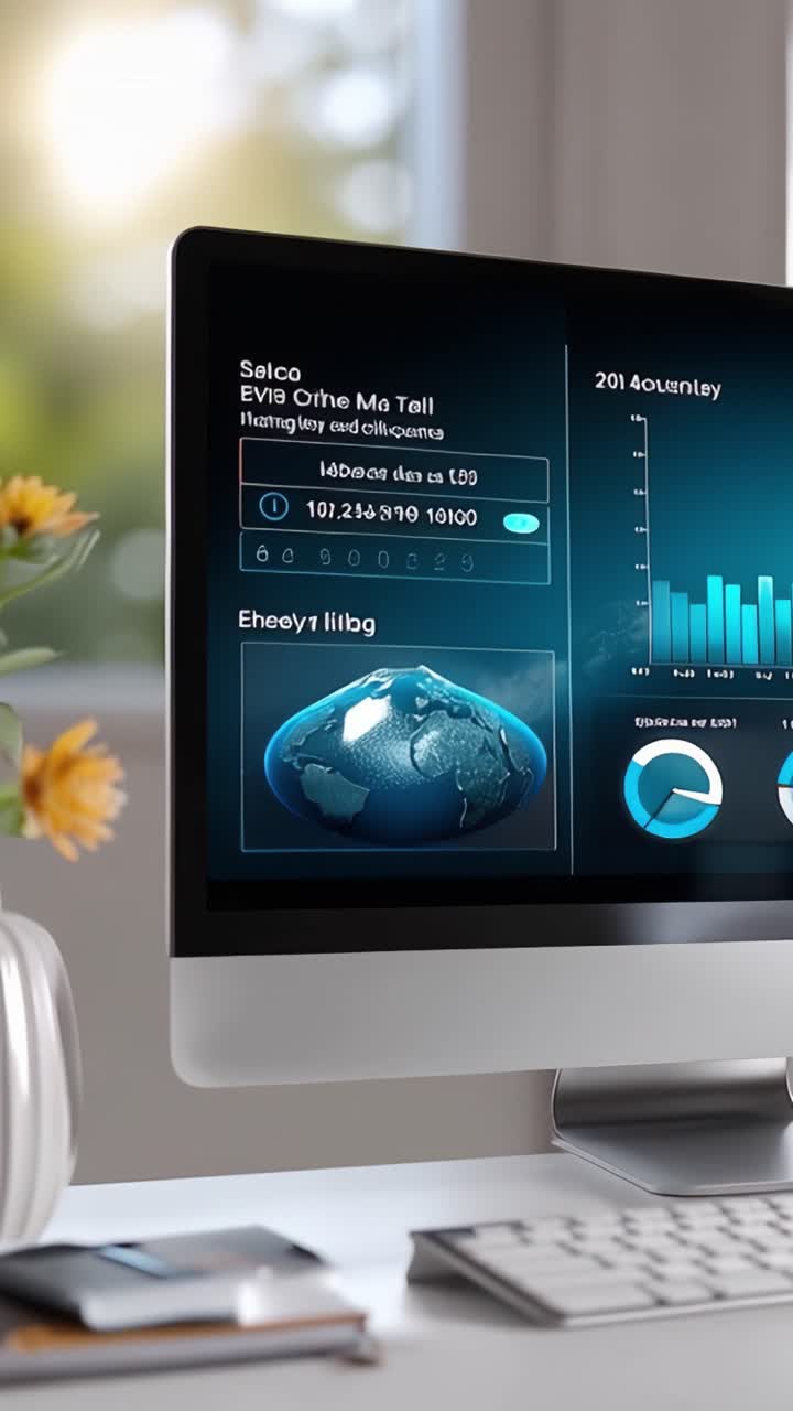 Interactive Technology Interface Displaying Data Analytics and Visualization Metrics on a Modern Computer Screen in a Bright Workspace Environment