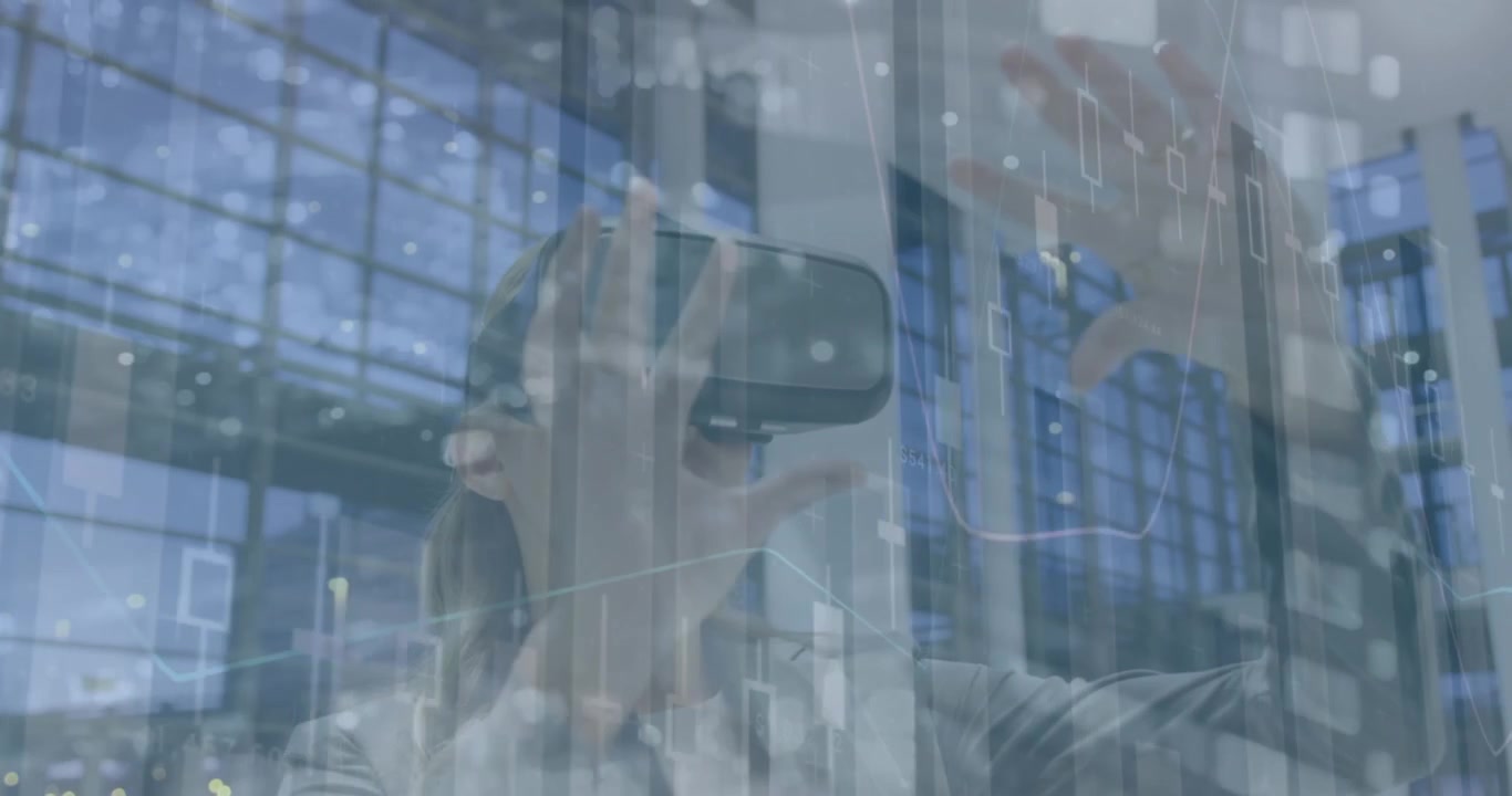 Animation of financial data over caucasian woman using vr headset in office