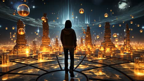 exploring a surreal landscape filled with glowing pillars and orbs