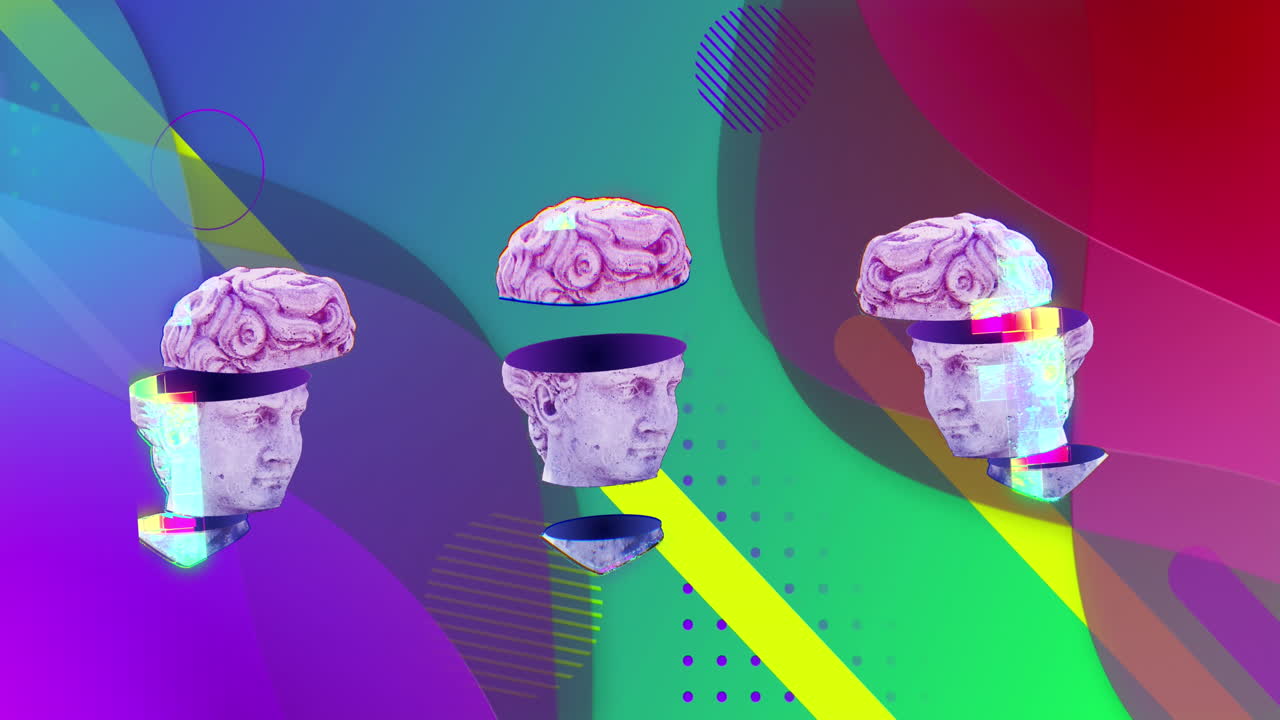 밝은 배경에 네온 모양 위에 고대 머리 조각의 애니메이션