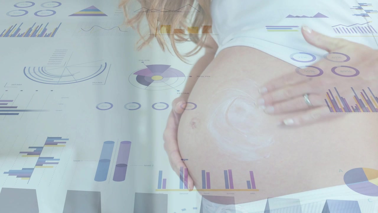 Pregnant mom placing hands on bump rubbing cream circularly for prenatal care health charts overlay