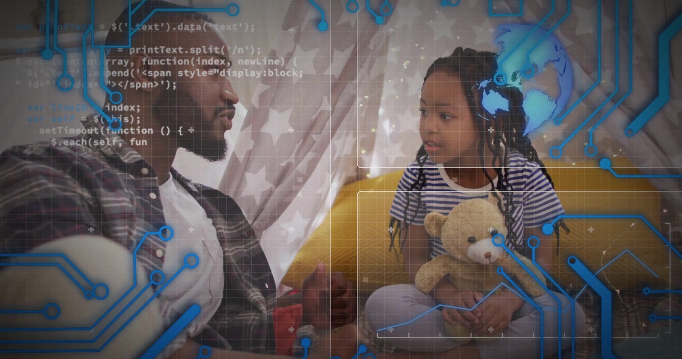 Man teaching, gesturing in tent, causing circuit globe tech overlay, girl holding teddy, replying