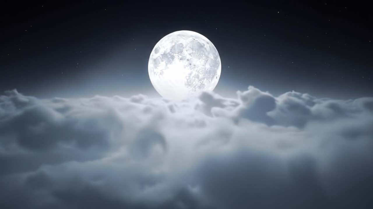 A mesmerizing view of a full moon shining brightly above the clouds, creating a serene and ethereal atmosphere that captivates the imagination and inspires wonder
