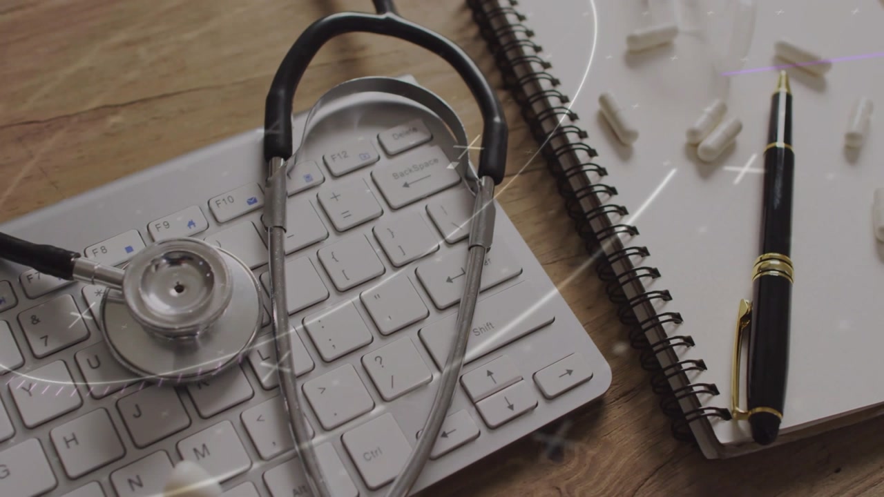 Vertical video: Camera panning right across desk as overlays sweep, revealing stethoscope and pills