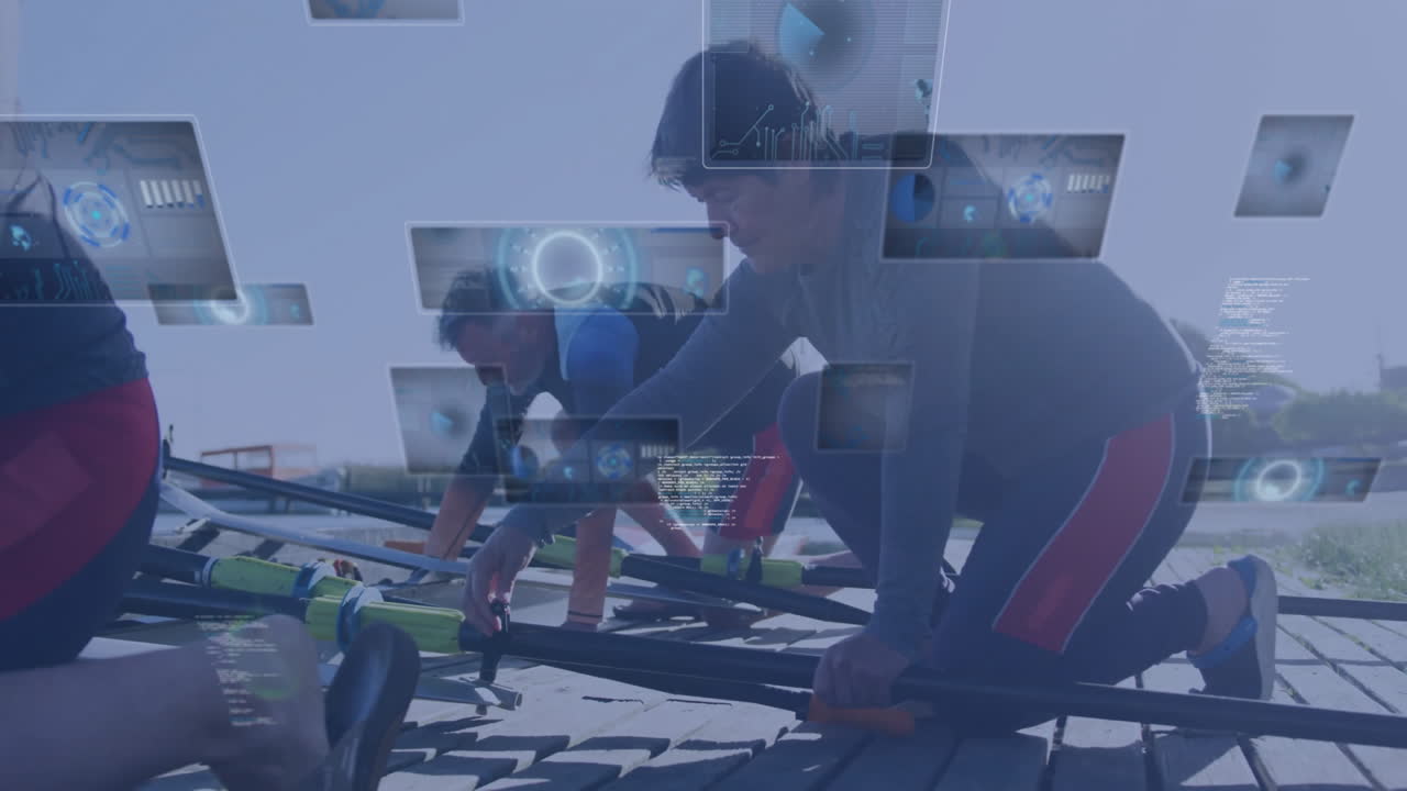 Rowing crew kneeling adjusting shell riggers while technology overlays showing charts and code