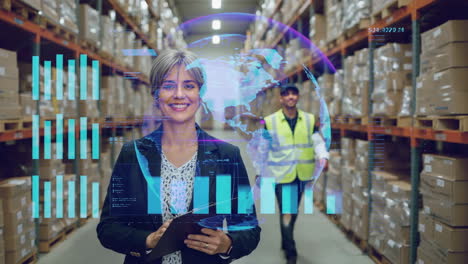 woman overseeing smart warehouse logistics with augmented reality data
