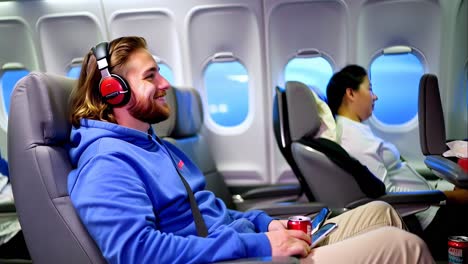 a man wearing headphones is sitting in an airplane seat
