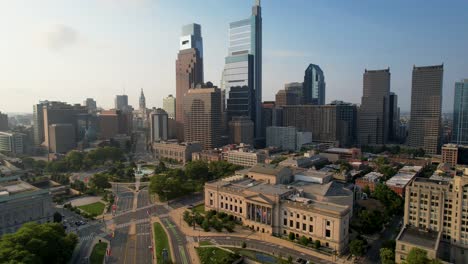 philadelphia rising skyline drone long shot summer sunny golden hour morning