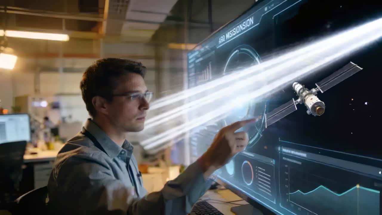 Hombre con gafas y camisa abotonada, sentado en un escritorio y girando, tocando una interfaz HUD redonda, generando líneas al actualizar datos.
