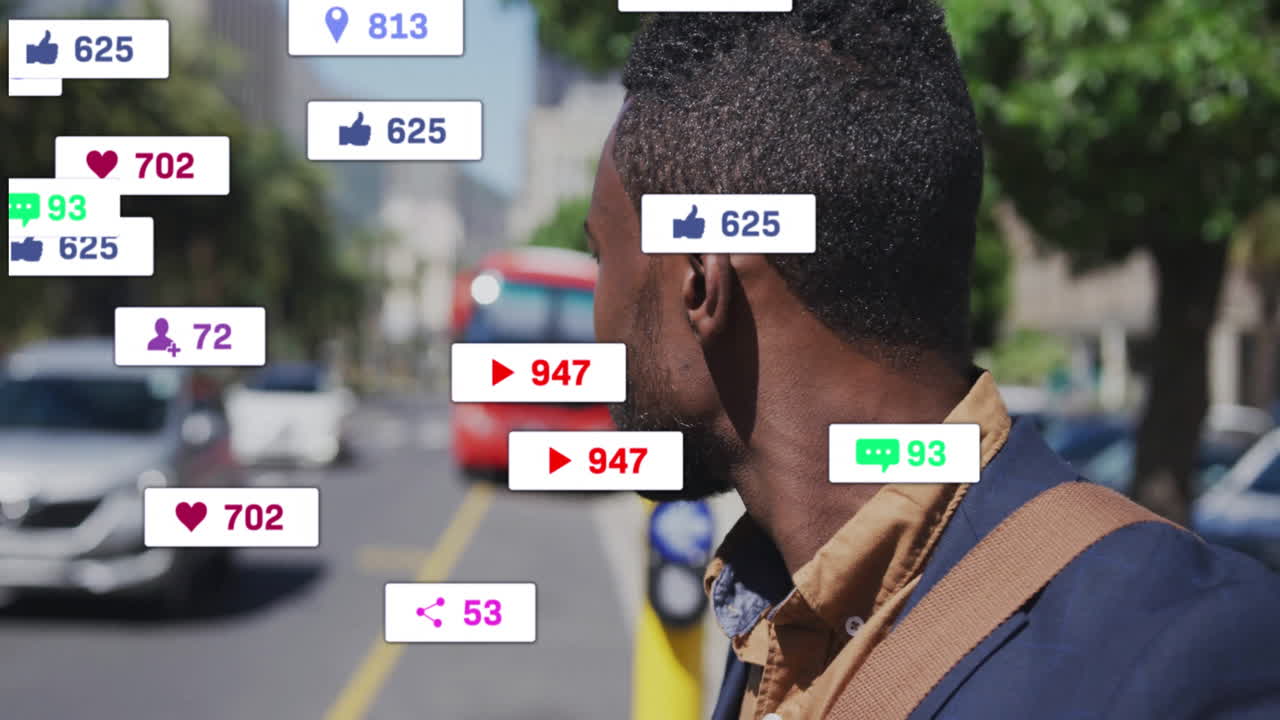 Man walking on street with social media notifications overlay animation